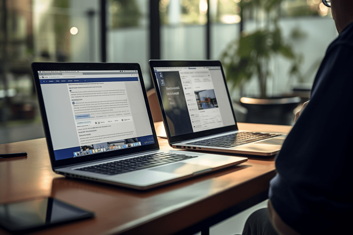 Two laptops showing storefront tools